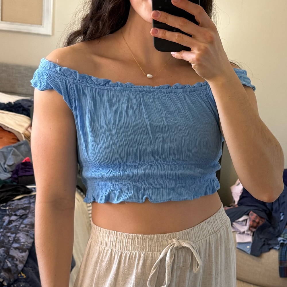 Blue Ruffle Crop Top - Picture 2 of 7